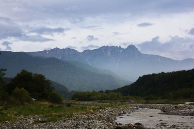 Scenic view of lake and mountains against sky