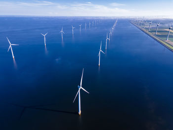 Wind turbines against sky