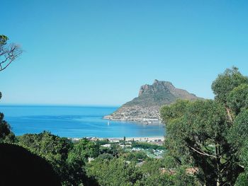 Scenic view of sea against clear blue sky