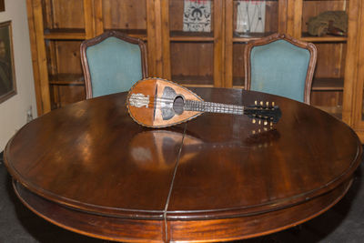High angle view of playing guitar on table