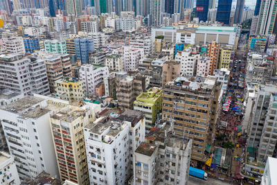 High angle view of modern buildings in city