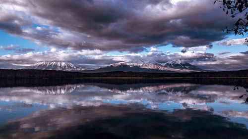 Scenic view of lake by mountains against sky