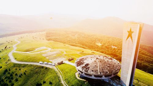 High angle view of land against sky