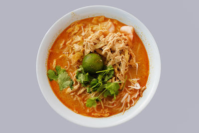 High angle view of soup in bowl