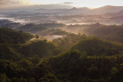 High angle view of landscape against mountains