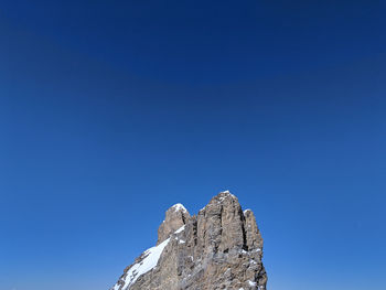 Low angle view of rock formation against clear blue sky