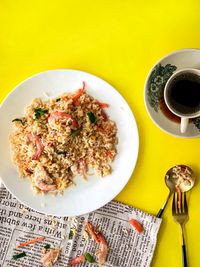 High angle view of breakfast served on table