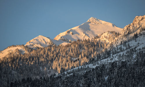 Scenic view of snowcapped mountains against clear sky