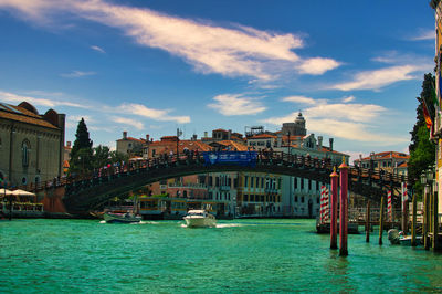 Arch bridge over canal against buildings in city