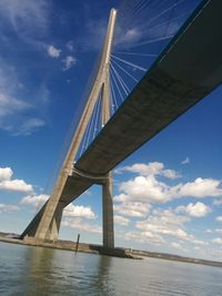 Low angle view of suspension bridge over river against sky