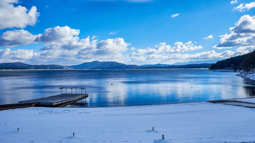 Scenic view of lake by snowcapped mountains against sky