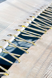 High angle view of piano keys on table