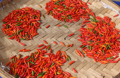 High angle view of red chili peppers in market