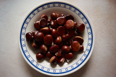 High angle view of fruits in plate on table