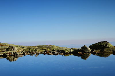 Scenic view of sea against clear blue sky