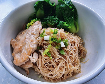 High angle view of rice in bowl on table