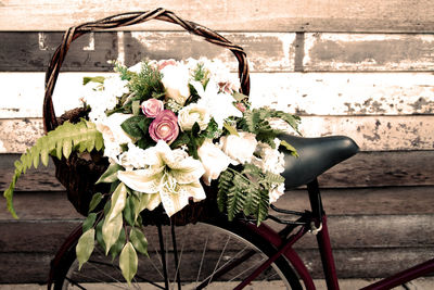 Close-up of flowering plant in basket