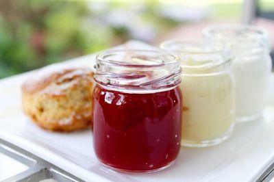 Close-up of drink in glass jar on table