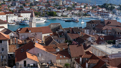 Aerial view of trogir old town, unesco heritage site, shot from the bell tower l- panorama
