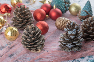 Close-up of pine cones on table