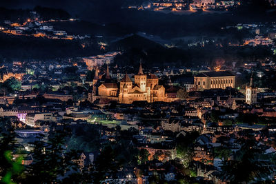 High angle view of illuminated city at night