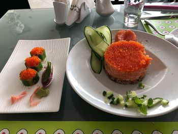 High angle view of breakfast served on table