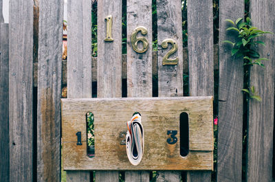 Close-up of numbers on wooden fence