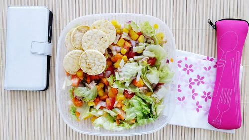 High angle view of meal served on table