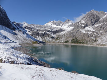 Scenic view of lake and snowcapped mountains against sky