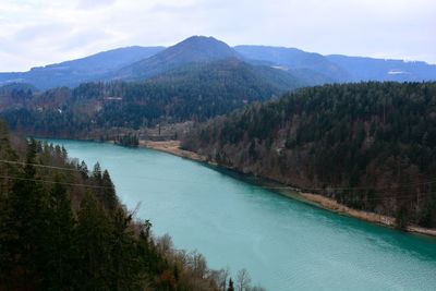 Scenic view of lake and mountains against sky