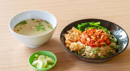 High angle view of food in bowl on table