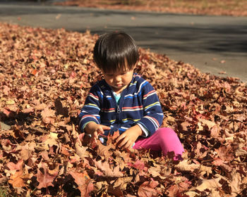 Full length of cute girl sitting in autumn leaves 