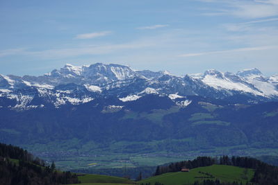 Scenic view of snowcapped mountains against sky