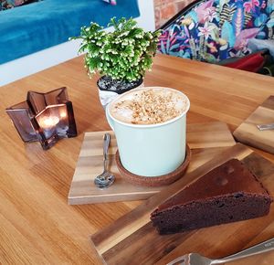 High angle view of tea served on table