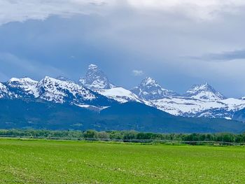 Scenic view of snowcapped mountains against sky