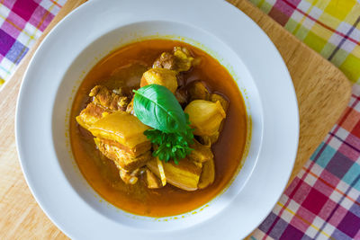 High angle view of soup in bowl on table