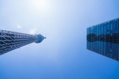 Low angle view of modern building against blue sky