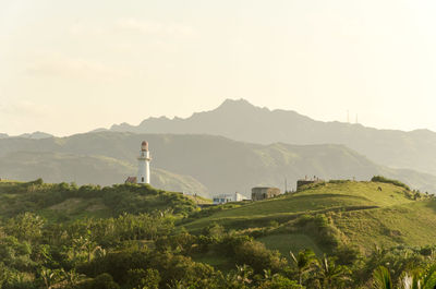 Scenic view of mountains against sky at batanes