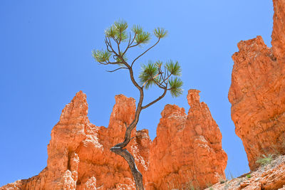 Low angle view of rock formations against clear blue sky