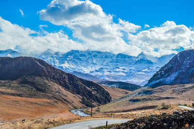 Panoramic view of snowcapped mountains against sky