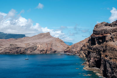 Panoramic view of sea and mountains against blue sky
