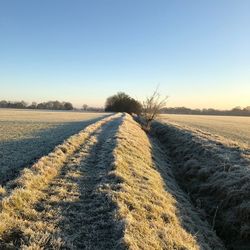 Scenic view of snowy field against clear sky