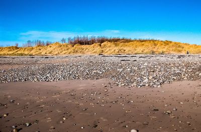 Scenic view of beach against clear blue sky