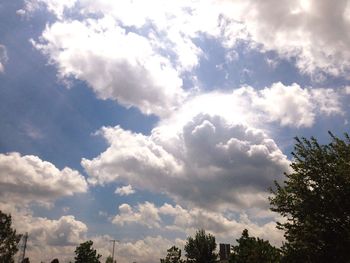 Low angle view of trees against cloudy sky