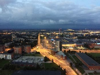 High angle view of illuminated city at night