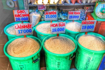 High angle view of various food for sale at market stall