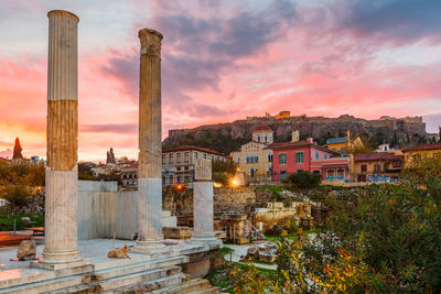 Remains of hadrian's library and acropolis in the old town of athens.