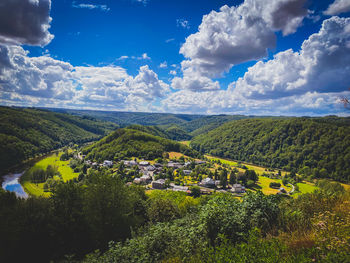 Scenic view of trees growing on field against sky