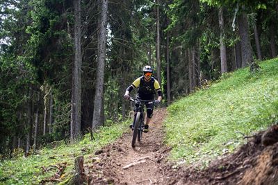 Man riding bicycle in forest