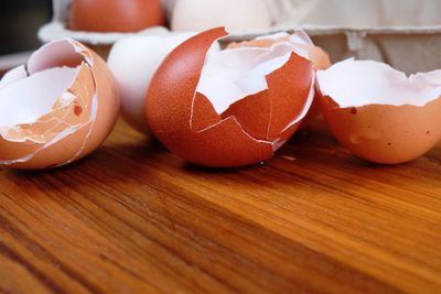 Close-up of eggshells on table